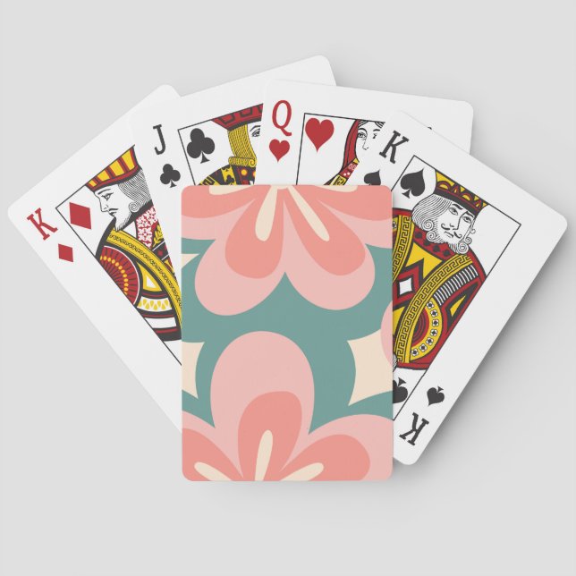 Pink and turquoise retro style flowers poker cards (Back)