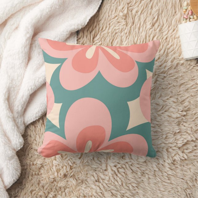 Pink and turquoise retro style flowers throw pillow (Blanket)