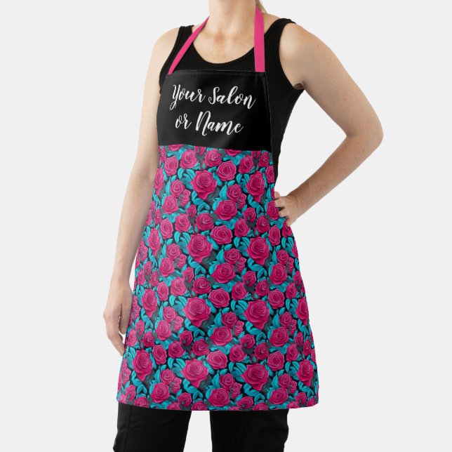 Pink and Turquoise Rose Floral Pattern Apron (Insitu)