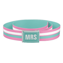 Pink and turquoise stripe canvas belt with name
