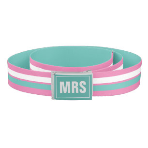 Pink and turquoise stripe canvas belt with name