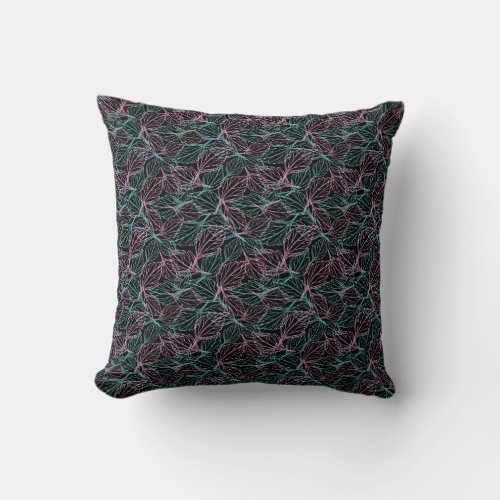 Pink and turquoise stylized leaves black Pattern Throw Pillow