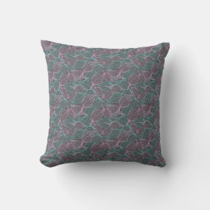 Pink and turquoise stylized leaves  grey Pattern  Throw Pillow