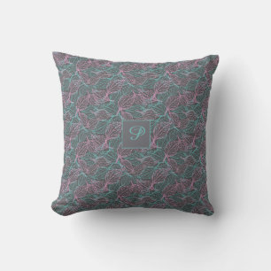 Pink and turquoise stylized leaves grey Pattern Throw Pillow
