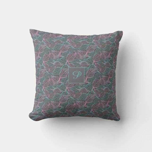 Pink and turquoise stylized leaves  grey Pattern  Throw Pillow (Front)