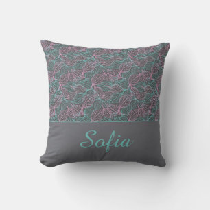Pink and turquoise stylized leaves grey Pattern Throw Pillow