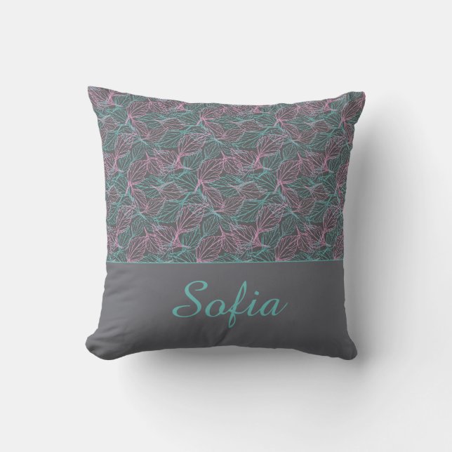 Pink and turquoise stylized leaves  grey Pattern  Throw Pillow (Front)