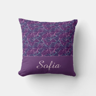 Pink and turquoise stylized leaves purple Pattern Throw Pillow