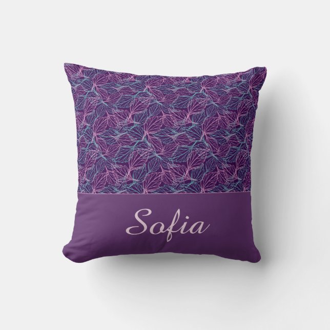 Pink and turquoise stylized leaves purple Pattern  Throw Pillow (Front)