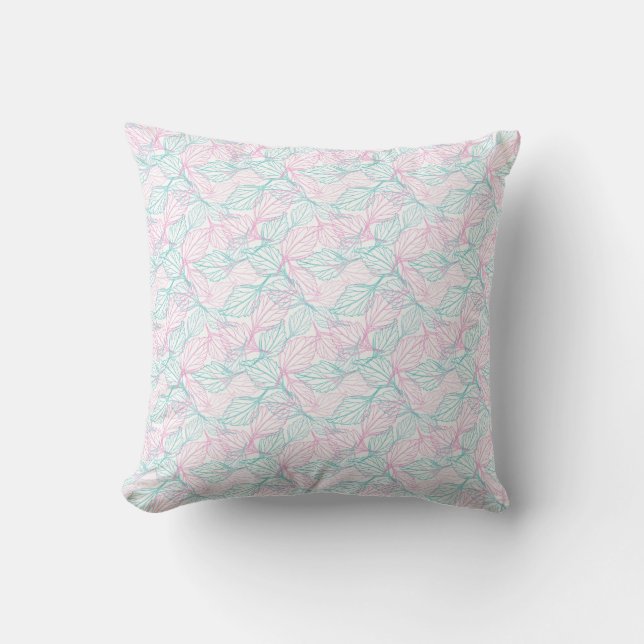 Pink and turquoise stylized leaves white Pattern  Throw Pillow (Front)
