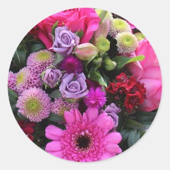 Pink And Violet Bouquet Classic Round Sticker by MissMatching at Zazzle