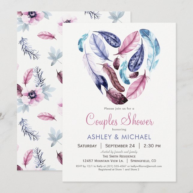 Pink and Violet Feathers Couples Shower Invitation (Front/Back)