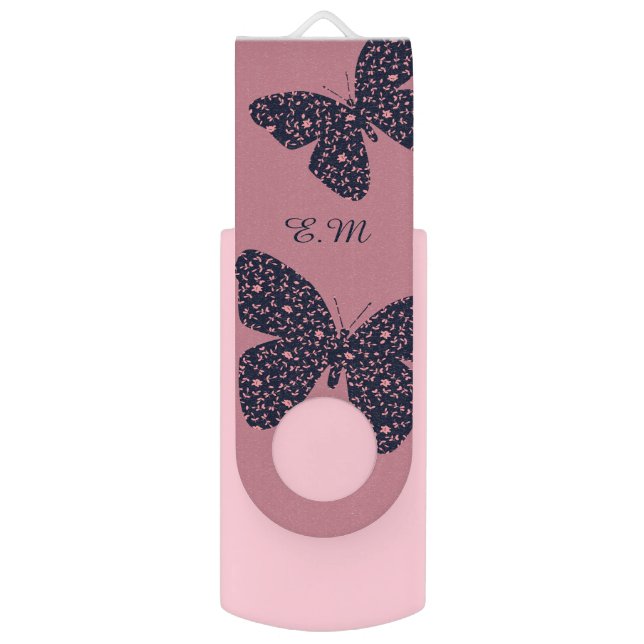 Pink and Violet Floral Butterfly Monogram Flash Drive (Front Vertical)