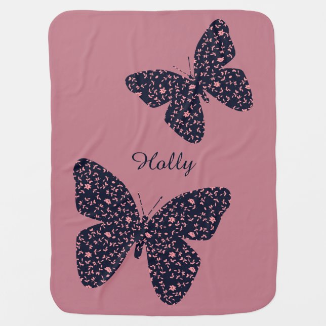 Pink and Violet Floral Butterfly Personalised Baby Blanket (Front)