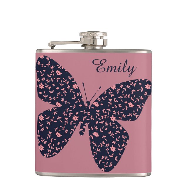 Pink and Violet Floral Butterfly Personalised Flask (Front)