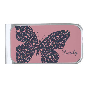 Pink and Violet Floral Butterfly Personalised Silver Finish Money Clip