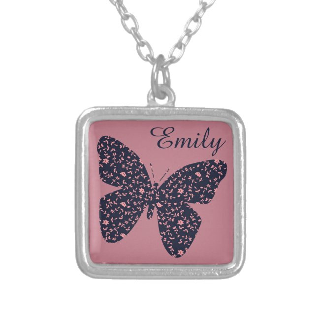 Pink and Violet Floral Butterfly Personalised Silver Plated Necklace (Front)