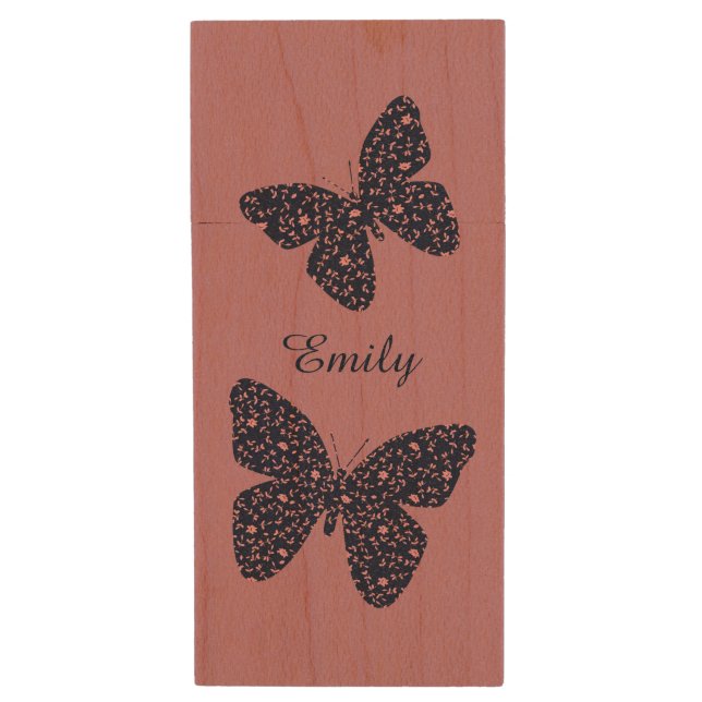 Pink and Violet Floral Butterfly Personalised Wood Flash Drive (Front Vertical)