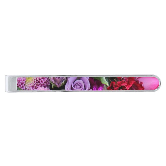 Pink and Violet Flower Bouquet Photo Silver Finish Tie Bar (Front)