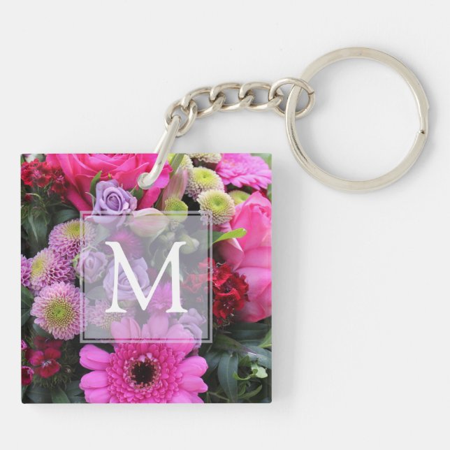 Pink and Violet Flowers Monogram Keychain (Back)
