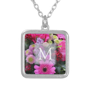 Pink and Violet Flowers Monogram Silver Plated Necklace