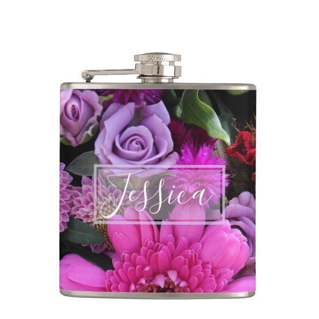 Pink and Violet Flowers Personalised Flask (Front)