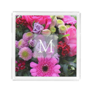 Pink and Violet Flowers Personalised Monogram Acrylic Tray