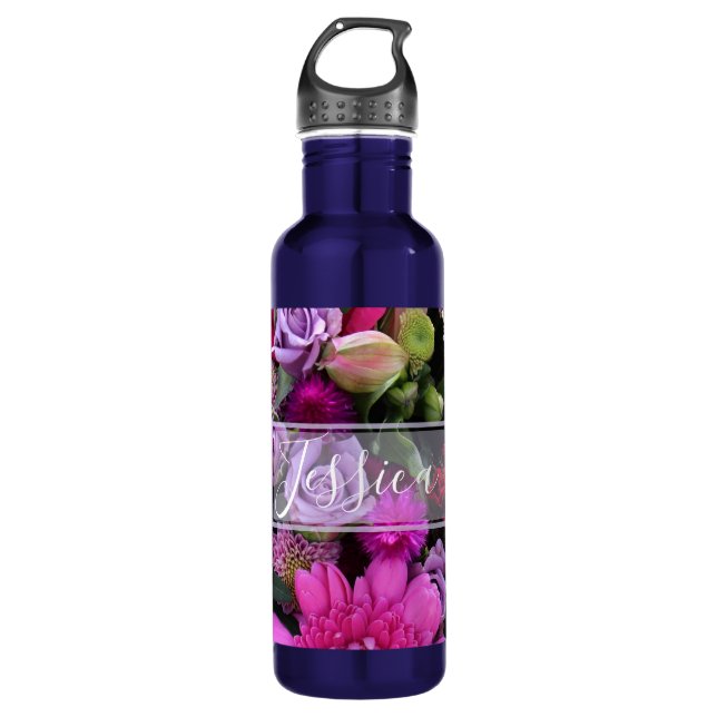 Pink and Violet Flowers Personalised Stainless Steel Water Bottle (Front)