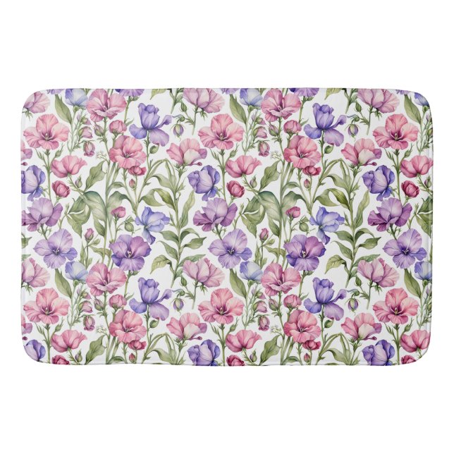 Pink and Violet Sweet Peas Bath Mat (Front)