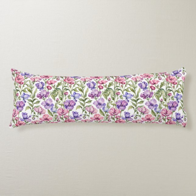 Pink and Violet Sweet Peas Body Pillow (Front)