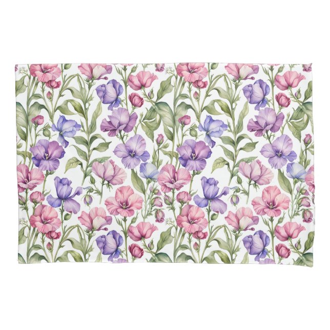 Pink and Violet Sweet Peas Pillow Case (Front)