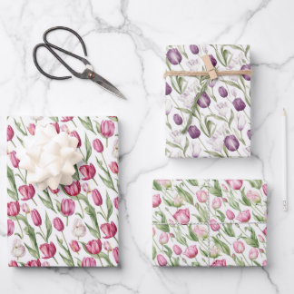 Pink And Violet Vintage Tulips Wrapping Paper Sheets