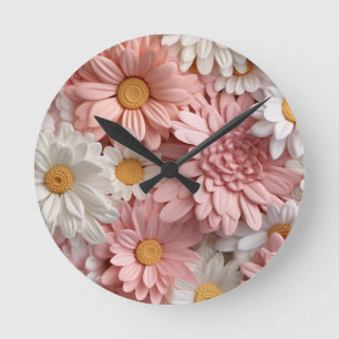 Pink and white 3D daisy flower  Round Clock