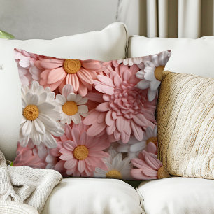 Pink and white 3D daisy flower throw pillow