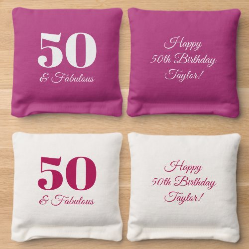 Pink and White 50  Fabulous Happy Birthday Cornhole Bags