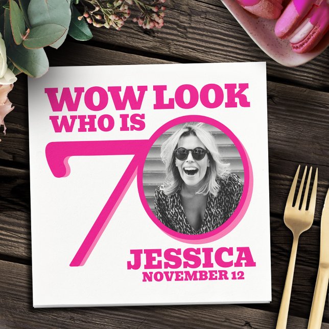 Pink and white 70th birthday photo look who is  napkins (Creator Uploaded)