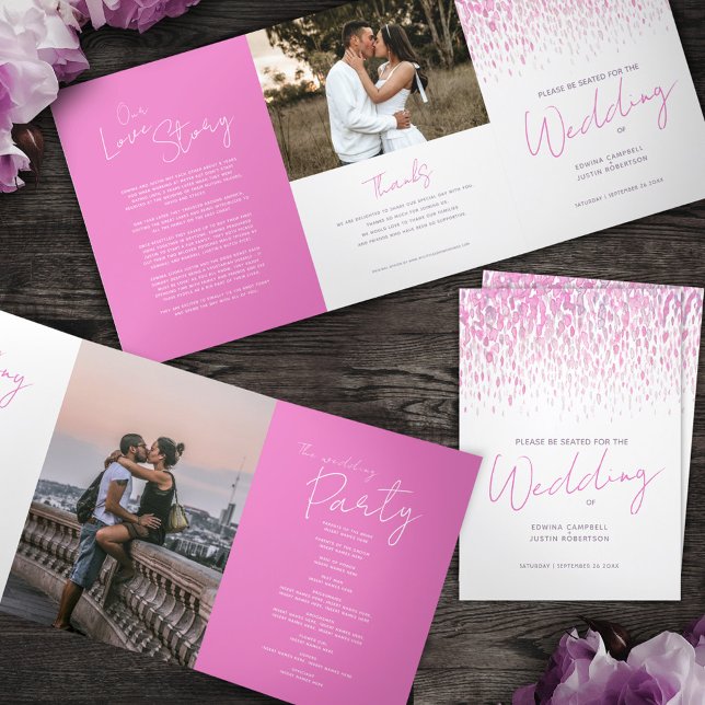 Pink and white abstract art wedding ceremony Tri-Fold program (Creator Uploaded)