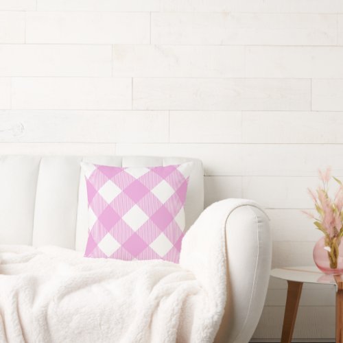 Pink and White Angled Plaid  Throw Pillow