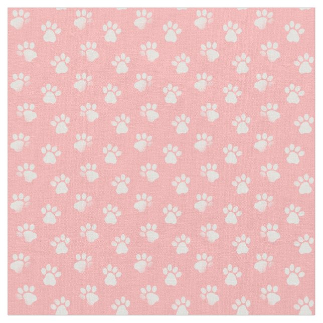 Pink and White Animal Cat Dog Paw Prints Pattern Fabric (Close Up)