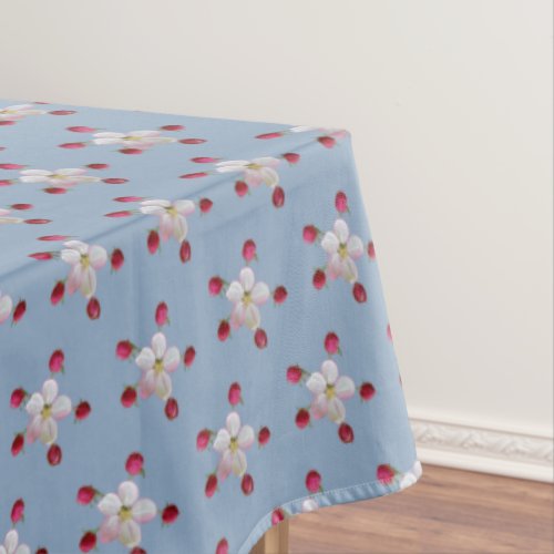 Pink and White Apple Blossom on Light Blue Tablecloth