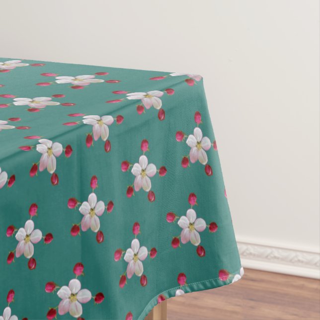 Pink and White Apple Blossom on Teal Tablecloth (In Situ)