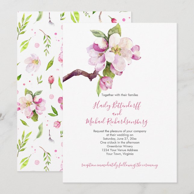 Pink and White Apple Blossom on Twig Wedding Invitation (Front/Back)