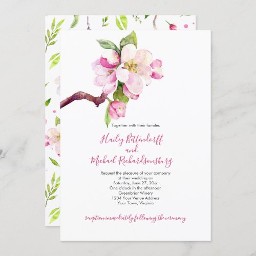 Pink and White Apple Blossom on Twig Wedding Invitation