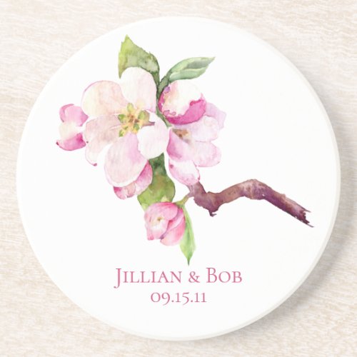 Pink and White Apple Blossoms Monogram Coaster