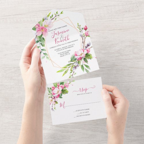 Pink and White Apple Blossoms Wedding All In One Invitation