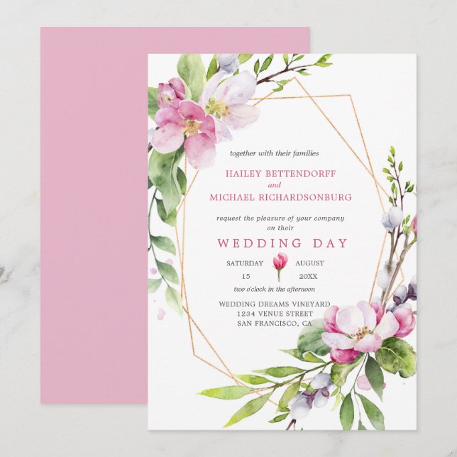Pink and White Apple Blossoms Wedding Invitation (Front/Back)