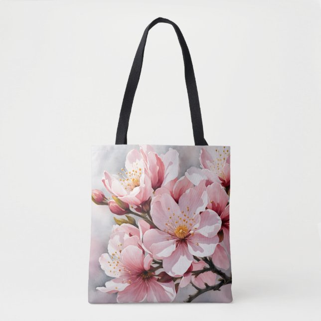 Pink and White Apricot Blossoms on Gray Background Tote Bag (Front)