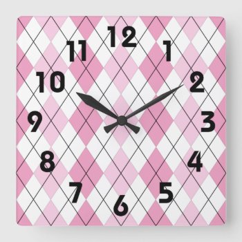 Pink And White Argyle Wall Clock by ellejai at Zazzle