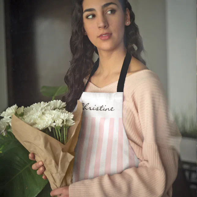 Pink and White Awning Stripes with Name Apron
