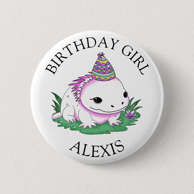 Pink and White Axolotl Personalized Birthday Girl Button (Front)